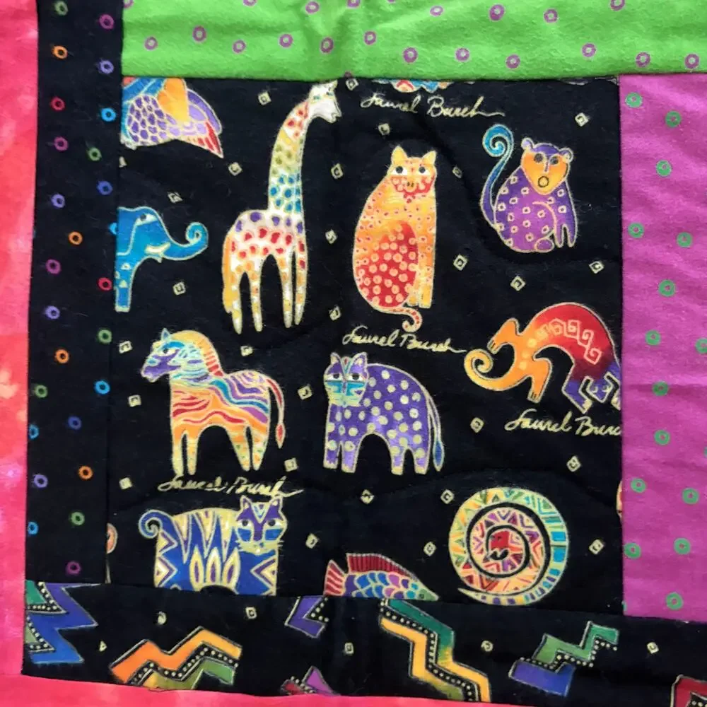 Vintage Laurel Burch Reversible Patchwork Quilt Throw Handmade Cat Dog Boho